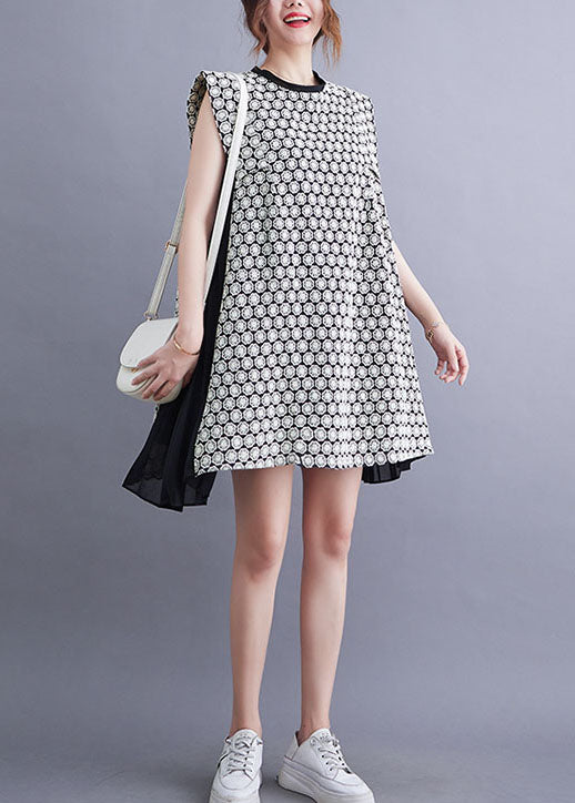 Modern Black O-neck Chiffon Patchwork Print Cotton a Line Dress Sleeveless