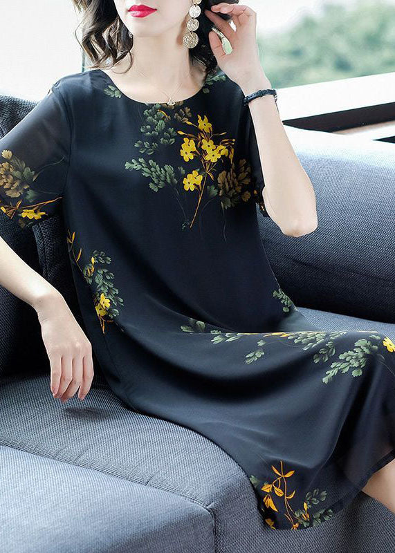 Modern Black O-neck Print Draping Chiffon Maxi Dresses Summer
