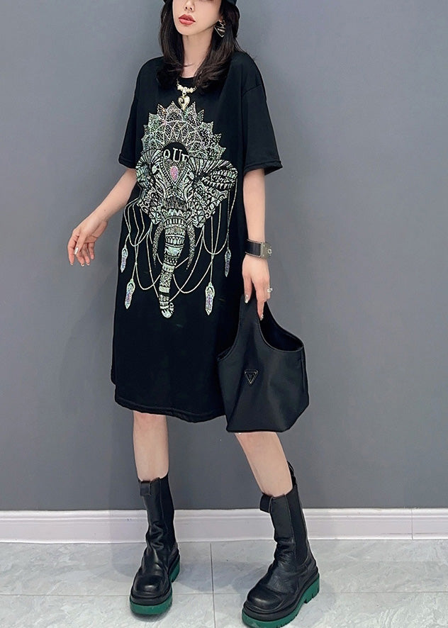 Modern Black O-neck Print Long Dress Short Sleeve