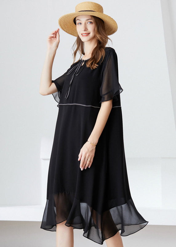 Modern Black O-neck Ruffles Lace Up Chiffon Long Dress Summer