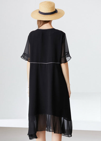 Modern Black O-neck Ruffles Lace Up Chiffon Long Dress Summer