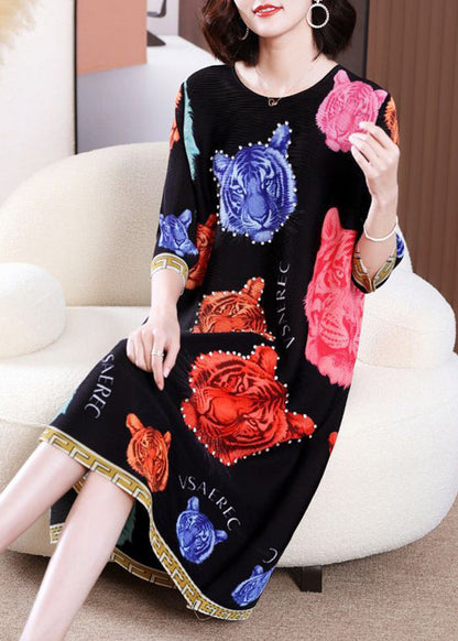 Modern Black O-neck Tiger Print Wrinkled Long Dress Summer