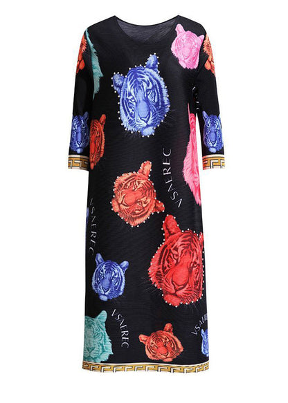 Modern Black O-neck Tiger Print Wrinkled Long Dress Summer