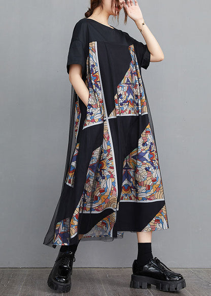 Modern Black O-neck Tulle Patchwork Geometric Print Cotton a Line Dresses Short Sleeve