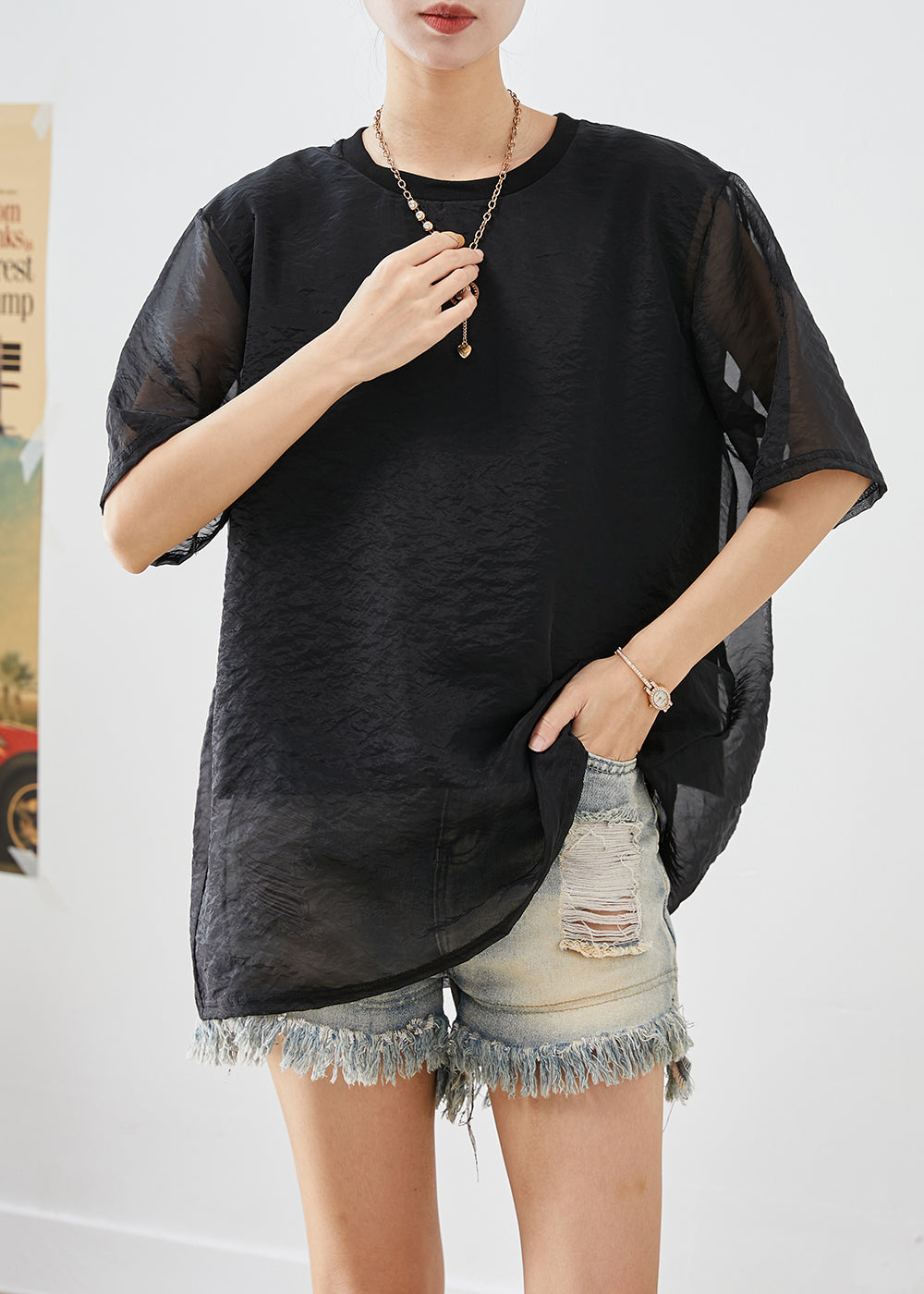 Modern Black Oversized Fake Two Piece Tulle Upf 50+ Tops Summer
