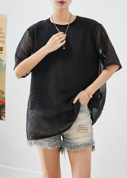 Modern Black Oversized Fake Two Piece Tulle Upf 50+ Tops Summer