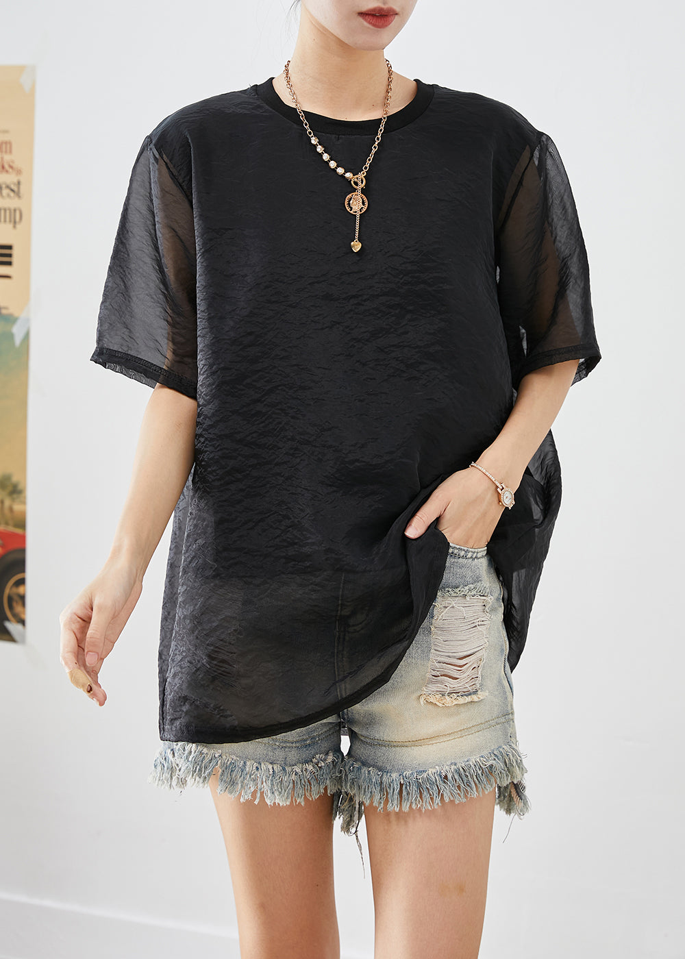 Modern Black Oversized Fake Two Piece Tulle Upf 50+ Tops Summer