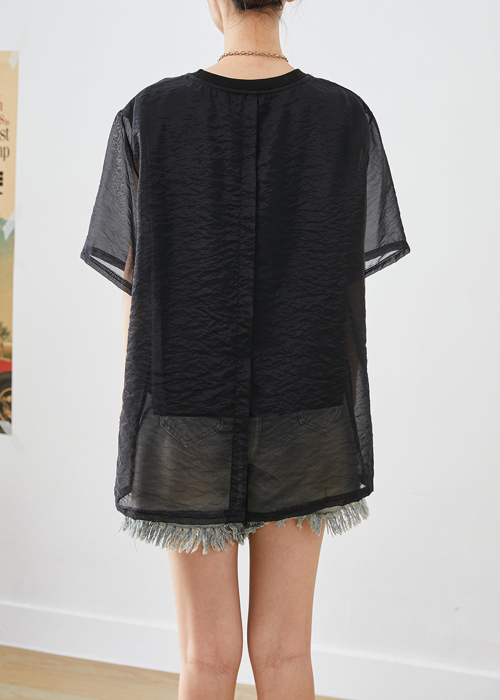 Modern Black Oversized Fake Two Piece Tulle Upf 50+ Tops Summer