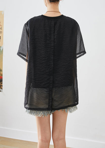 Modern Black Oversized Fake Two Piece Tulle Upf 50+ Tops Summer