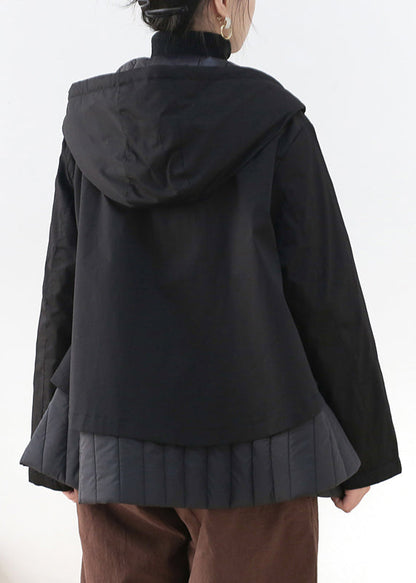 Modern Black Patchwork Button Pockets Thick Hooded Parka Long Sleeve