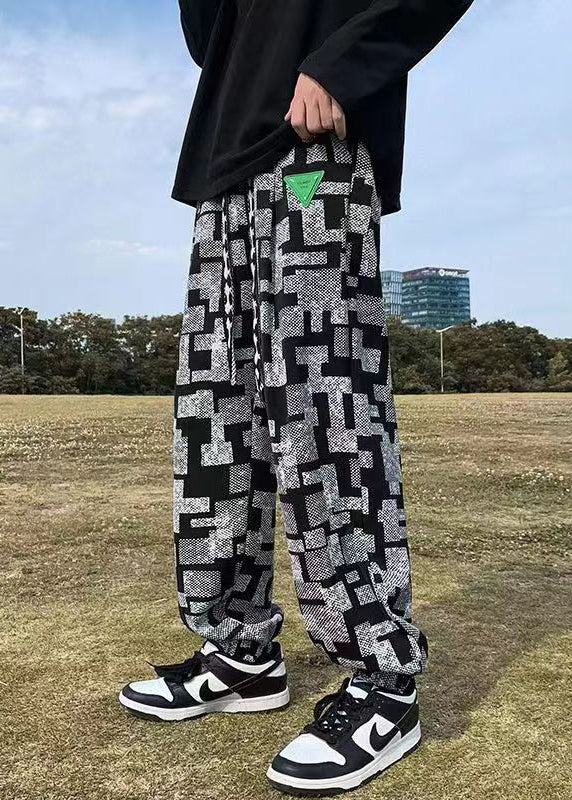 Modern Black Plaid Elastic Waist Cotton Pants Fall