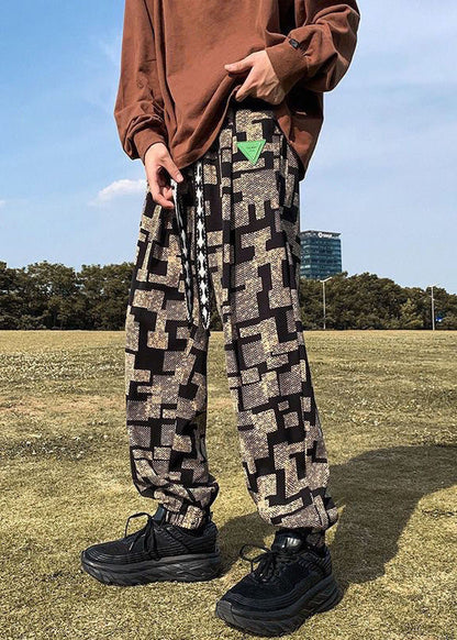 Modern Black Plaid Elastic Waist Cotton Pants Fall