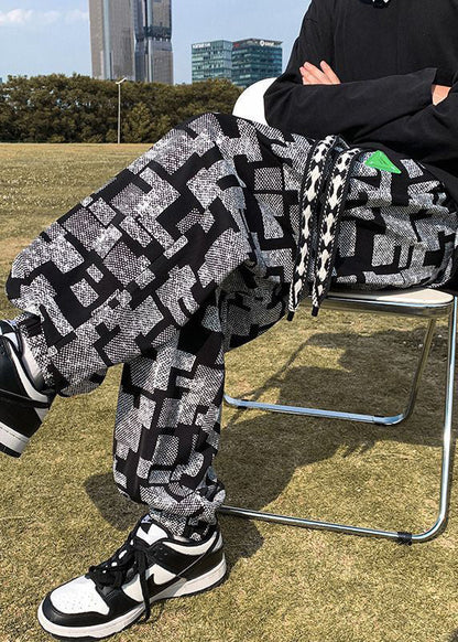 Modern Black Plaid Elastic Waist Cotton Pants Fall