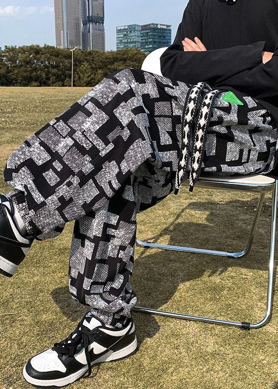 Modern Black Plaid Elastic Waist Cotton Pants Fall