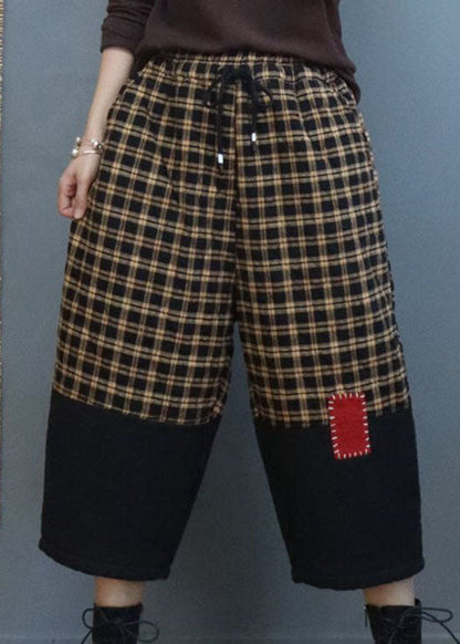 Modern Black Plaid Drawstring Patchwork Pants Winter