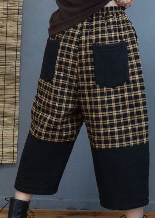 Modern Black Plaid Drawstring Patchwork Pants Winter