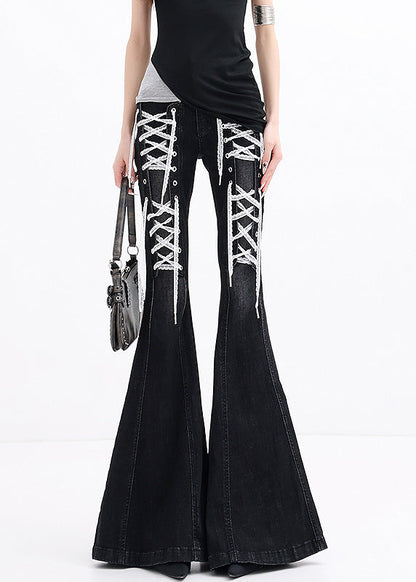 Modern Black Pockets Lace Up Patchwork Denim Flared Trousers Fall