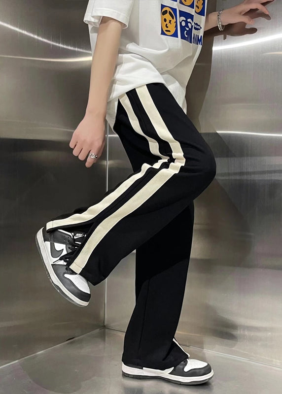 Modern Black Pockets Striped Patchwork Cotton Pants Summer