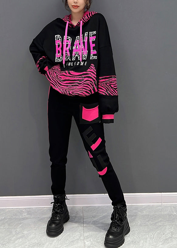 Modern Black Print Hooded Pullover and Pants Two Pieces Set Fall