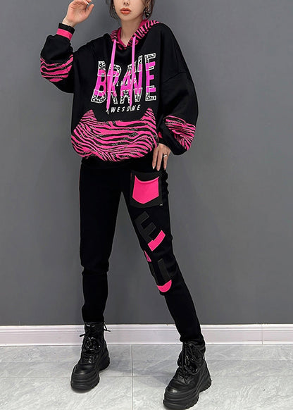 Modern Black Print Hooded Pullover and Pants Two Pieces Set Fall