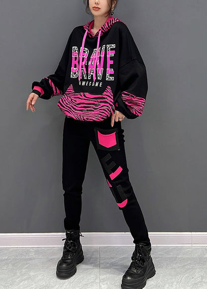 Modern Black Print Hooded Pullover and Pants Two Pieces Set Fall