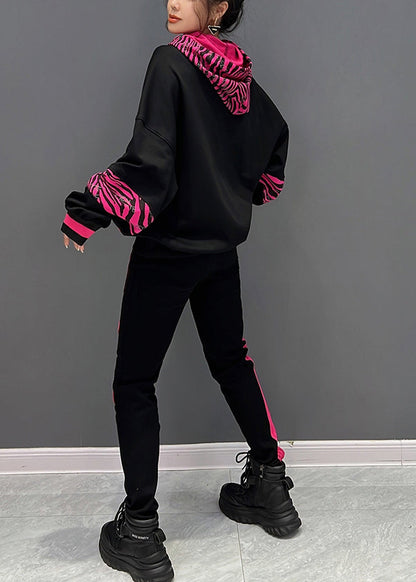 Modern Black Print Hooded Pullover and Pants Two Pieces Set Fall