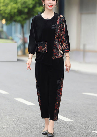 Modern Black Print Pockets Silk Velour Pullover and Crop Pants Two Piece Set Fall