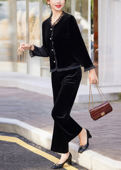 Modern Brown Ruffled Patchwork Silk Velour Shirts and Pants Two Piece Set