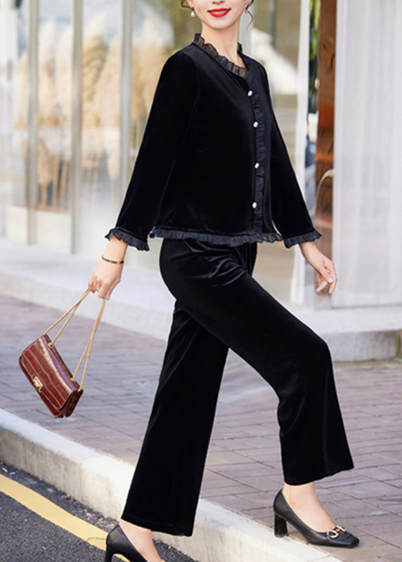 Modern Brown Ruffled Patchwork Silk Velour Shirts and Pants Two Piece Set