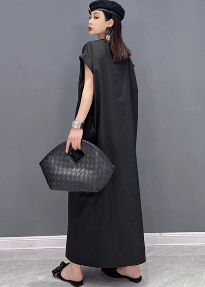 Modern Black V Neck Button Pockets Cotton Long Shirt Dresses Short Sleeve