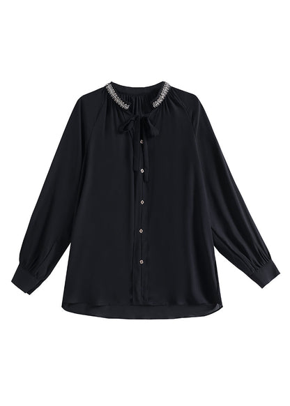 Modern Black Stand Collar Button Chiffon Shirt Long Sleeve