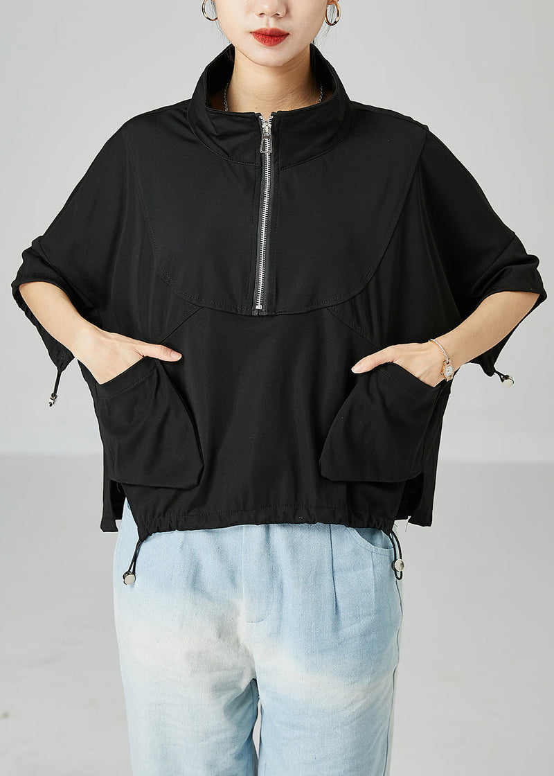 Modern Black Stand Collar Zip Up Cotton Tank Summer