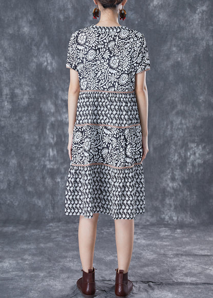 Modern Black V Neck Patchwork Print Cotton a Line Dress Summer