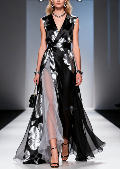 Modern Black V Neck Print Chiffon Maxi Dresses Summer