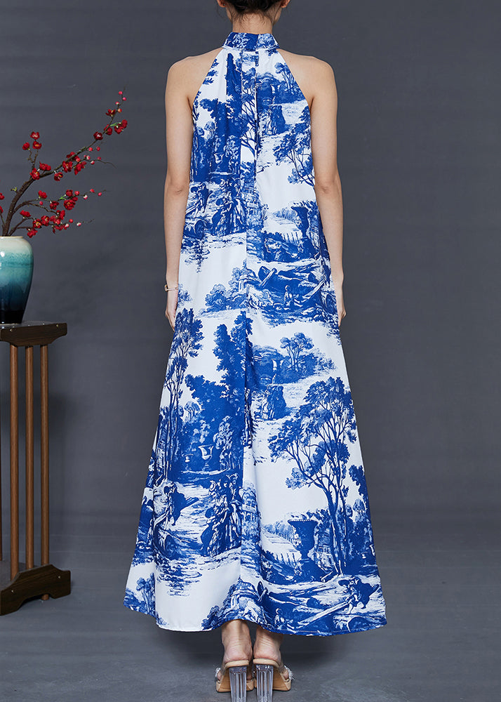 Modern Blue Cold Shoulder Print Cotton a Line Dress Summer