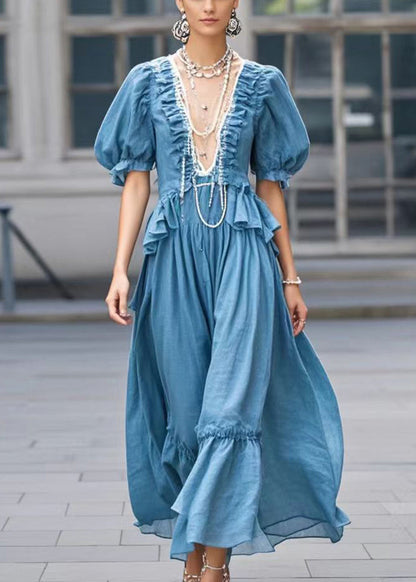 Modern Blue Deep-v Neck Ruffled Cotton Dress Summer