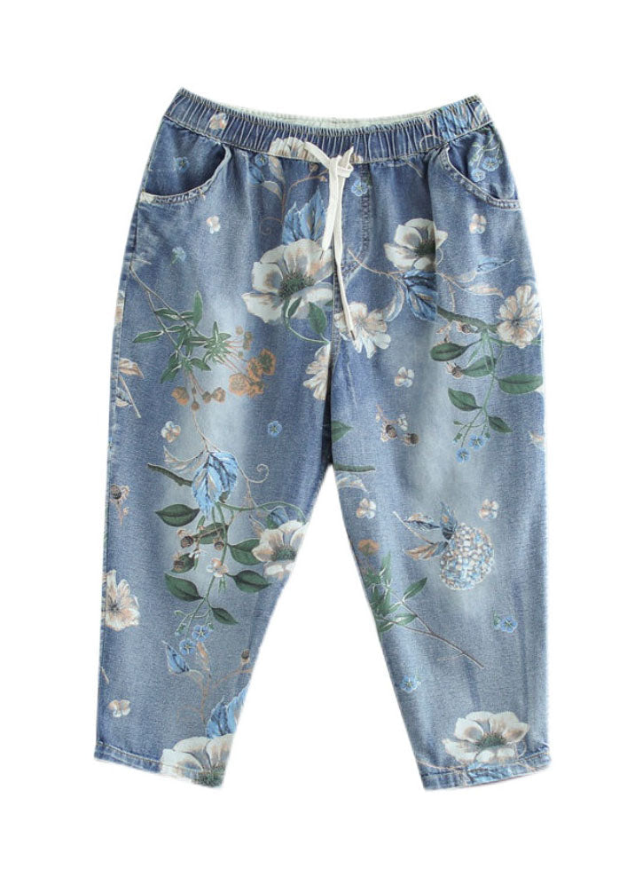 Modern Blue Elastic Waist Drawstring Pockets Print Cotton Crop Pants Summer