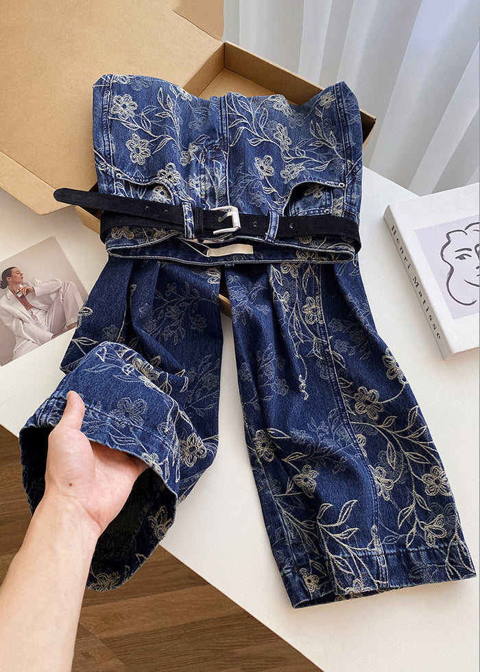 Modern Blue Embroidered Pockets High Waist Denim Pants Spring