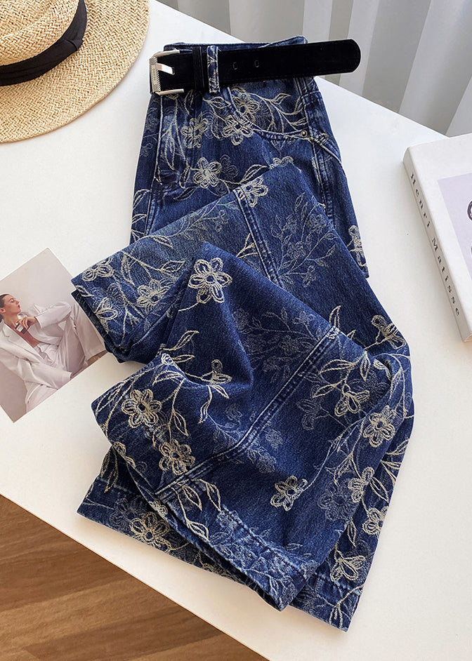 Modern Blue Embroidered Pockets High Waist Denim Pants Spring
