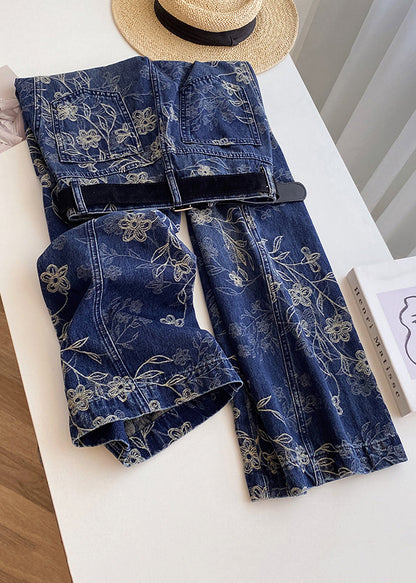 Modern Blue Embroidered Pockets High Waist Denim Pants Spring