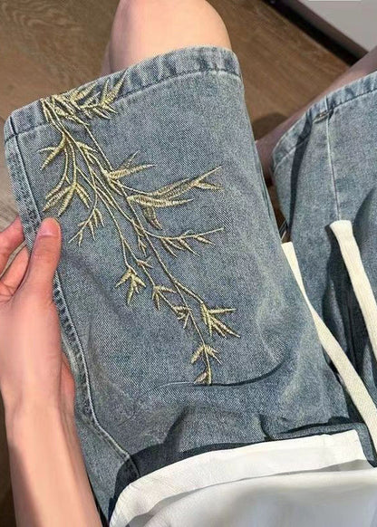 Modern Blue Embroideried Elastic Waist Denim Shorts Summer