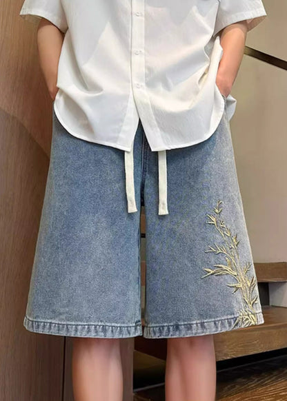 Modern Blue Embroideried Elastic Waist Denim Shorts Summer