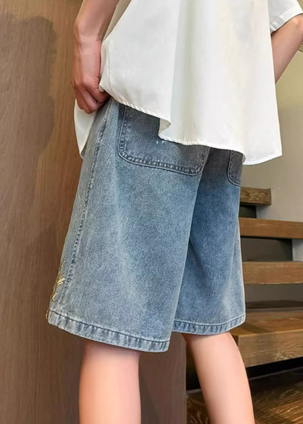 Modern Blue Embroideried Elastic Waist Denim Shorts Summer