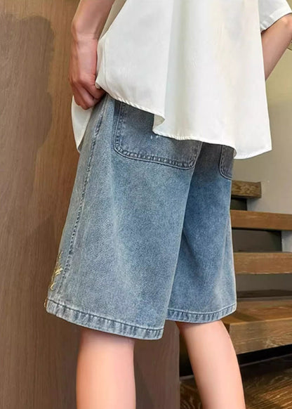 Modern Blue Embroideried Elastic Waist Denim Shorts Summer