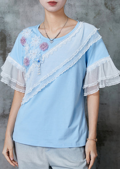 Modern Blue Patchwork Lace Cotton Tank Flare Sleeve