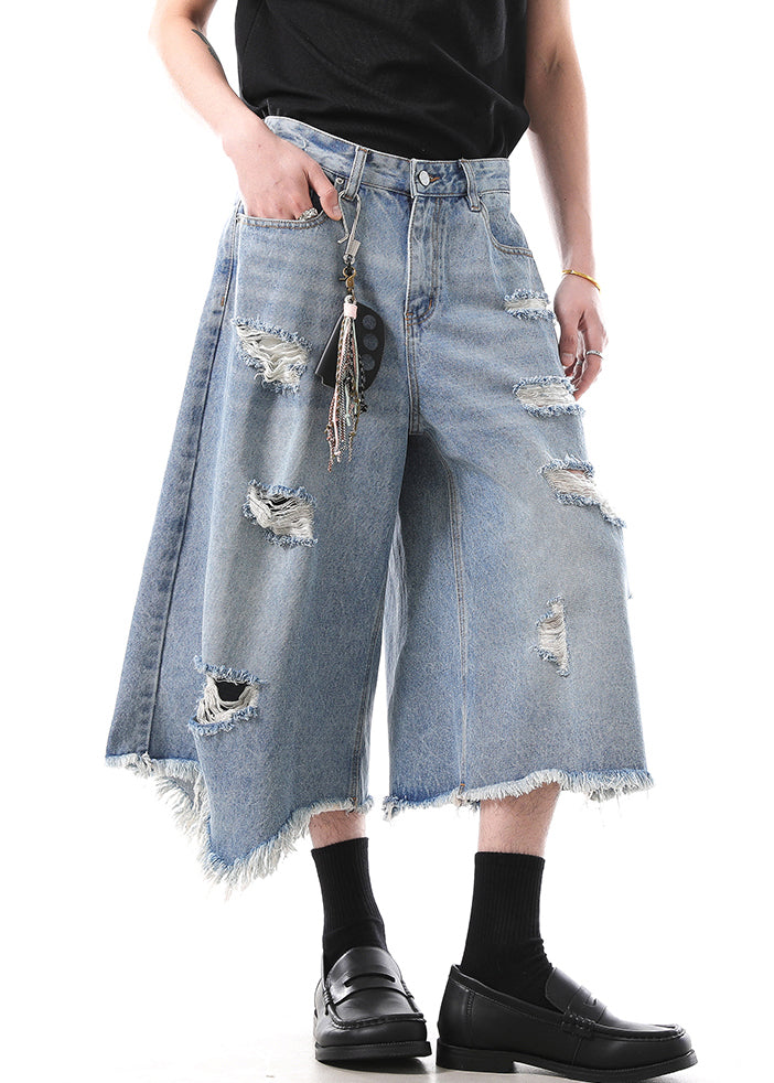Modern Blue Hole High Waist Denim Crop Pants Summer
