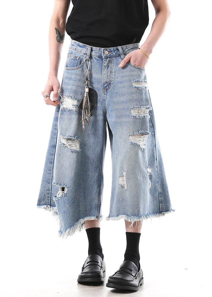 Modern Blue Hole High Waist Denim Crop Pants Summer