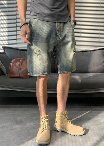 Modern Blue Hole Pockets Denim Shorts Summer