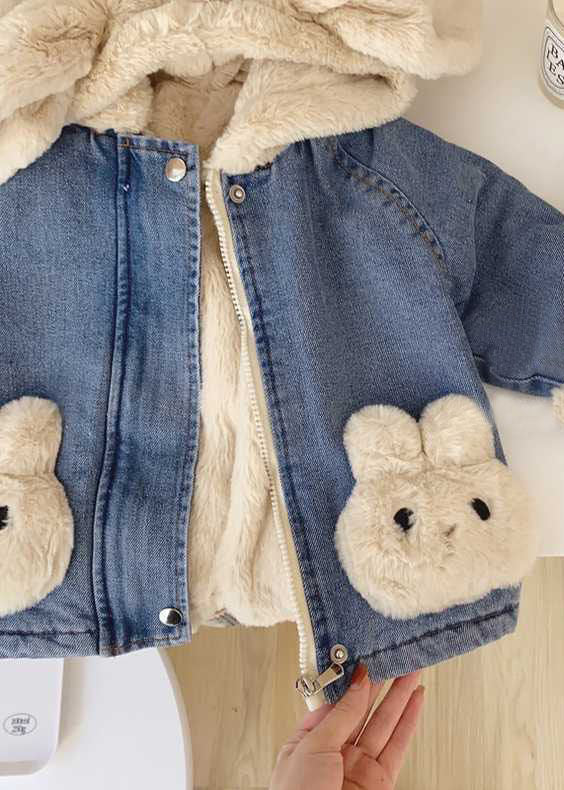 Modern Blue Hooded Zippered Patchwork Warm Fleece Coat Long Sleeve