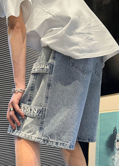 Modern Blue Letter Pockets Patchwork Denim Shorts Summer